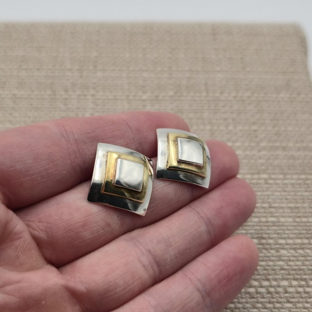 Sterling Silver Two Tone Pattern Solid Earrings A… - image 2